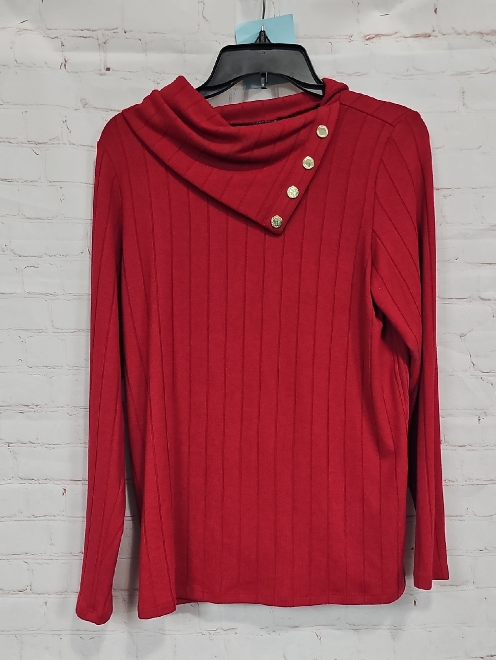 Rafaella Red Ribbed Asymmetric Cowl Sweater with Gold Buttons
